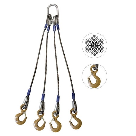 Wire Rope Sling - 4 Leg Bridle W/ Eye Hooks - 1/2 X 4' - Domestic